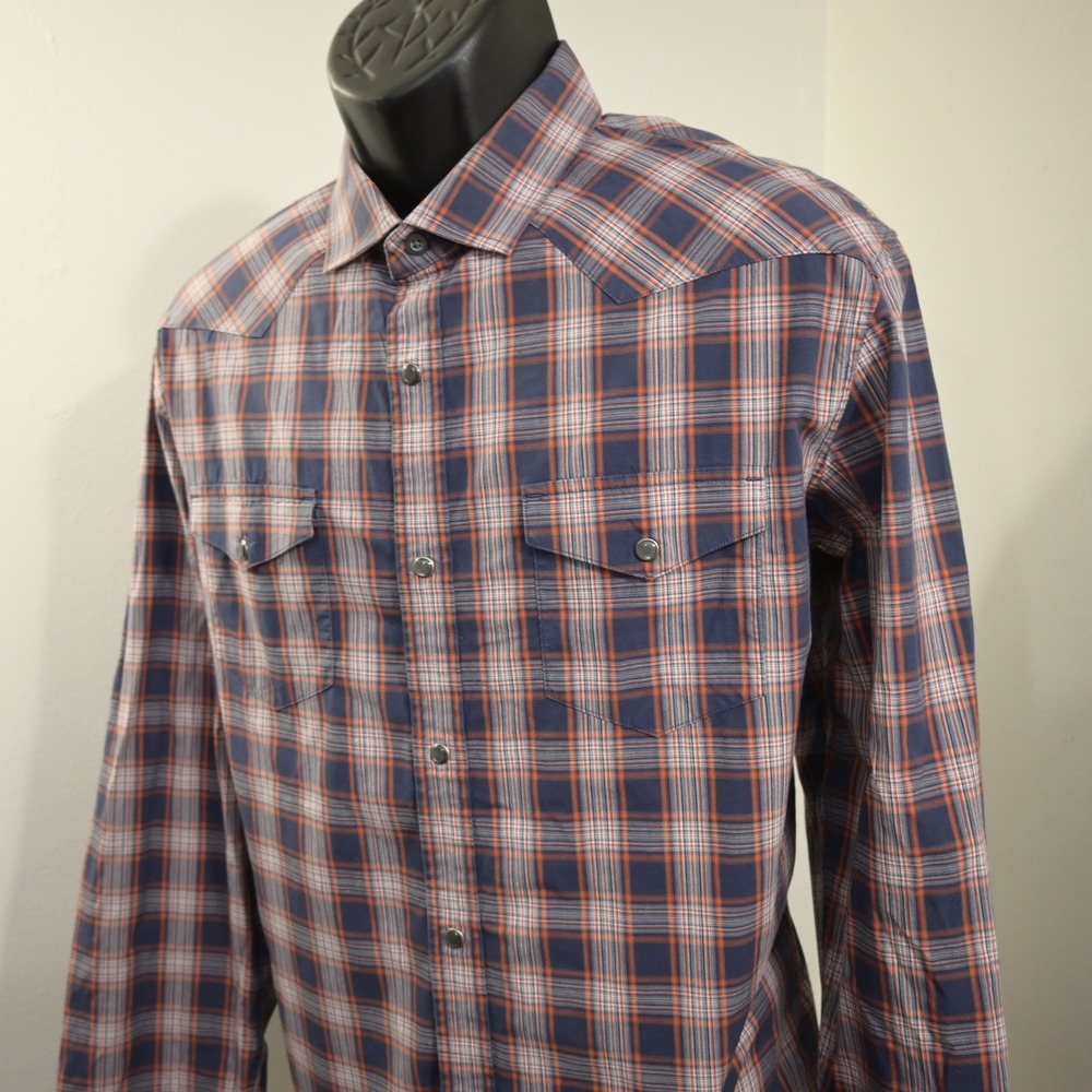Banana Republic Western Pearl Snaps Shirt Mens XL Slim Fit Blue Orange Plaid